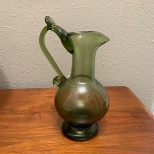 Hand blown Green Footed Handled Spouted Vase